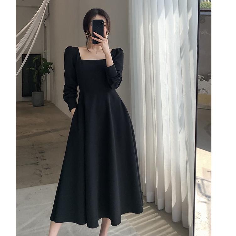 Special Price ZLORE -  U Neck Dress Lengan Panjang // Korean Party Dress Square Neck - 100% IMPORT (