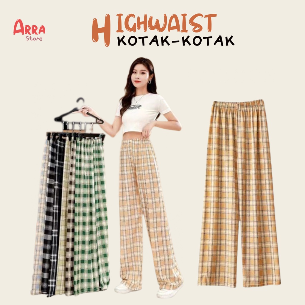 Celana Kulot Kotak Korean Long Pants Tartan Wanita Katun