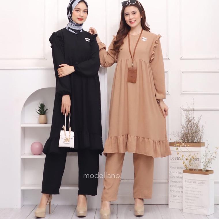 Harga Bersahabat ONE SET CRINKLE SETCEL LONG TUNIK JUMBO BUSUI SLETING DEPAN NIKEN FREE BROS GROSIR 
