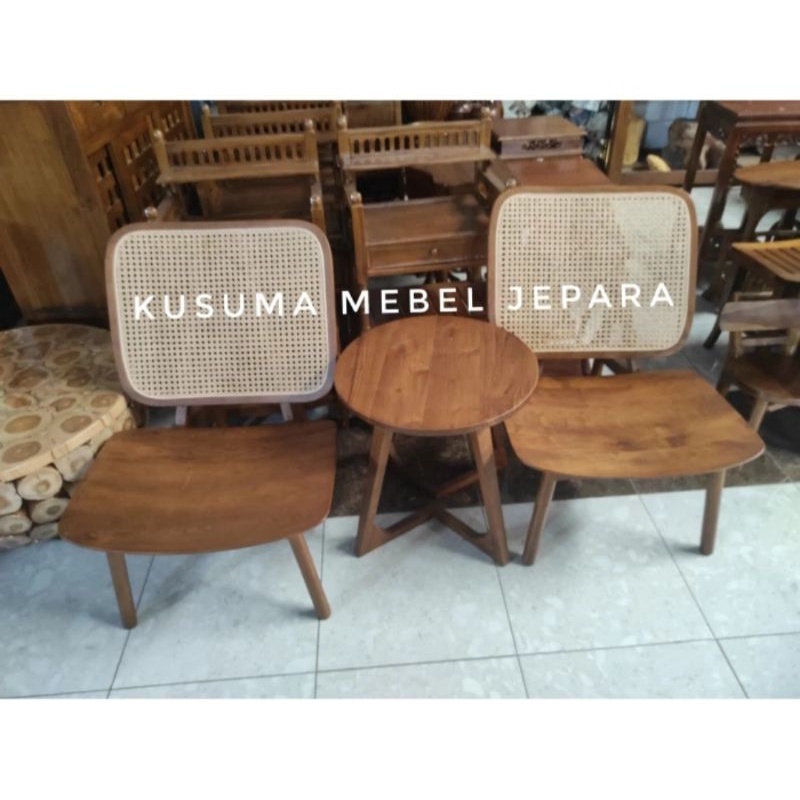 Set Meja Kursi Teras Jengki Anyaman Rotan Kayu Jati -2 Kursi 1 Meja