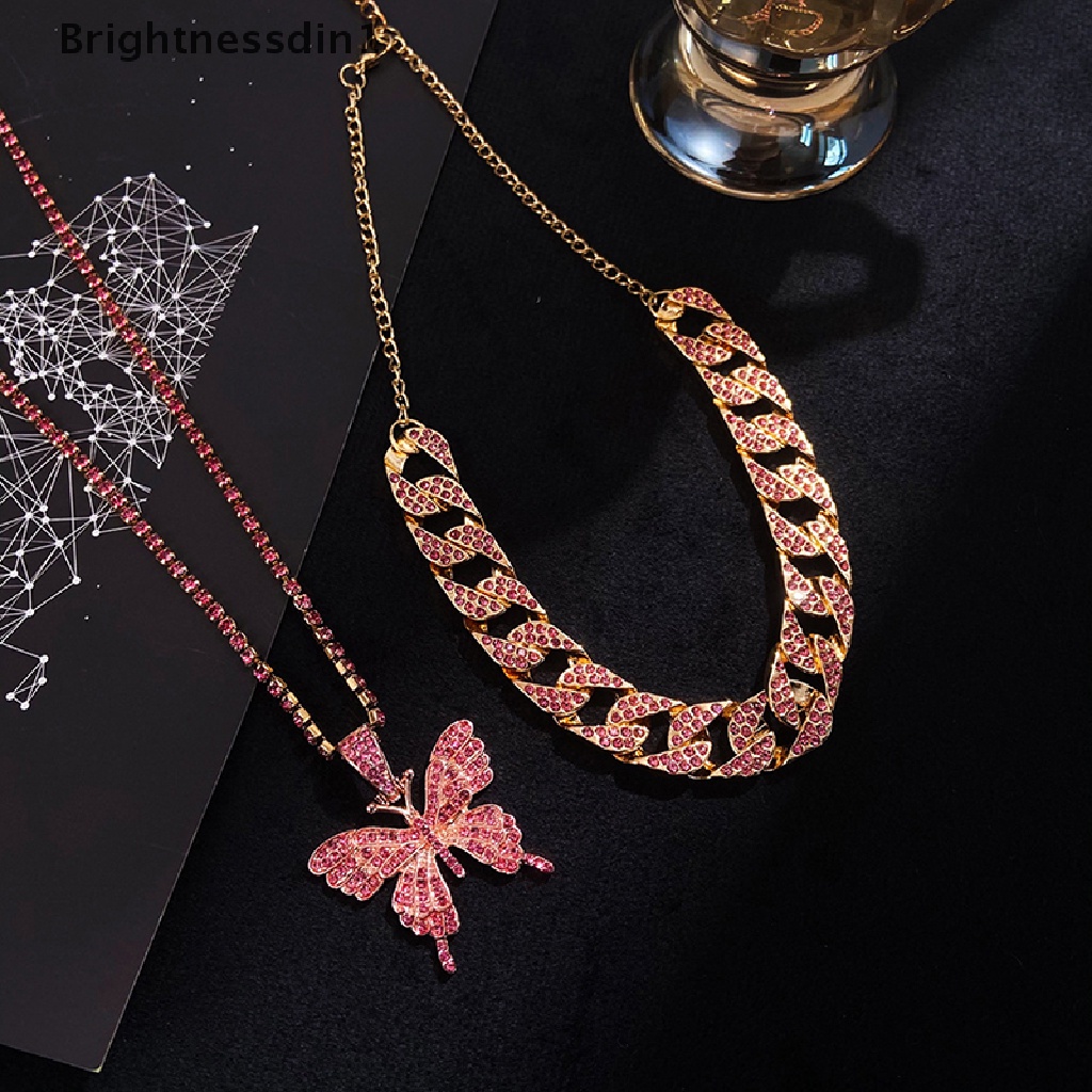 [Brightnessdin1] Elegan Putri Mulia Besar Kupu-Kupu Liontin Kalung Berlian Imitasi Rantai Untuk Wanita Bling Rantai Tenis Kristal Choker Kalung Perhiasan Butik