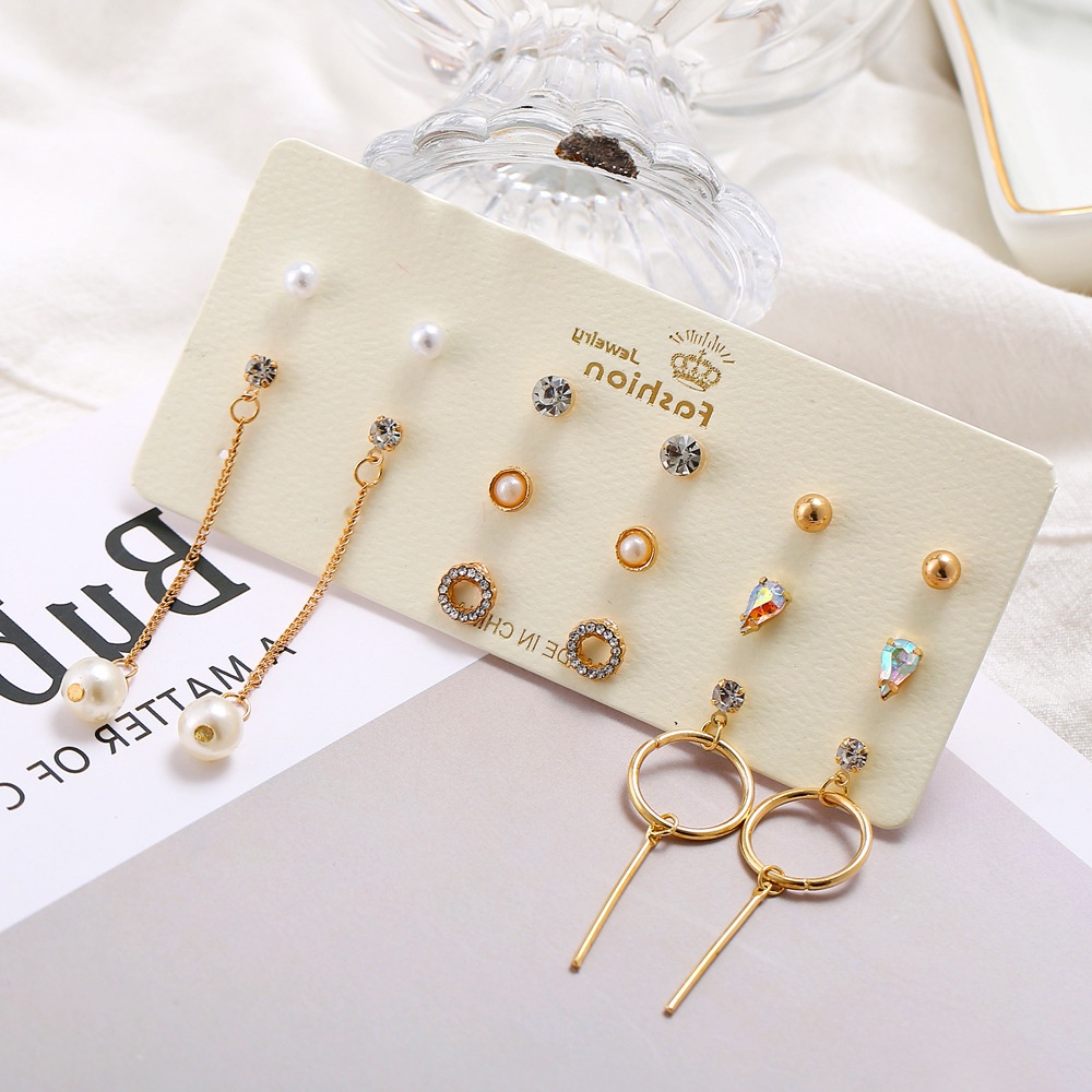 Anting Berlian Drop Color | Anting Mutiara Bentuk Lingkaran | 8 Pasang / Set Anting Tusuk / Stud Motif Bentuk Variasi Untuk Wanita | Aksesoris Wanita | Sendok Garpu Bahan Stainless Steel