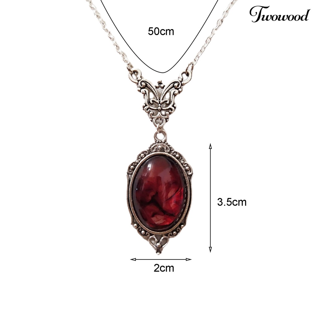 Twowood Liontin Kalung Elegan Oval Desain Vintage Indah Merah Kuarsa Pesona Kalung Kupu-Kupu Kalung Pakaian Sehari-Hari