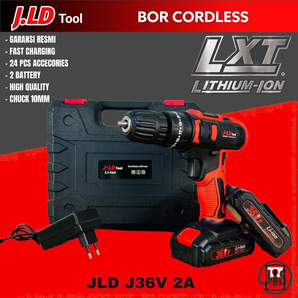 JLD bor baterai jld 36v 10mm bor cordless 36 volt fullset 2 baterai untuk tembok beton bor cas cordless