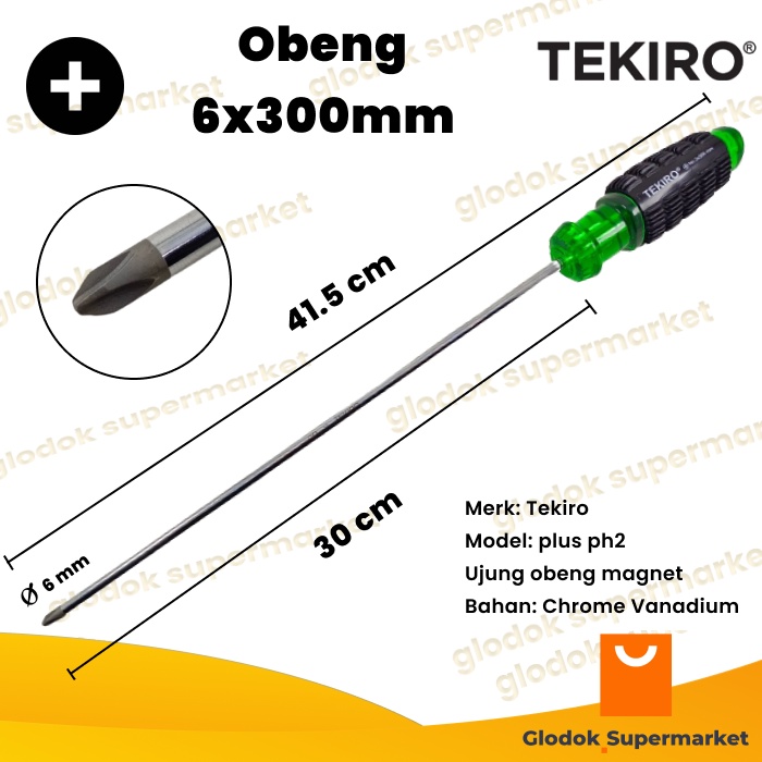 Obeng Plus 12 inch Tekiro Diameter 6mm Panjang Besi 30cm Magnet Gagang Karet