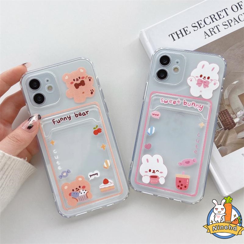 Case Tas Kartu Bening Kompatibel Untuk Iphone14 13 12 11 Pro Max X Xr Xs Max iPhone 8 7 6 6s Plus SE 2020 Beruang Lucu Anti Jatuh Bening Card Holder Phone Case Lembut Shockproof Back Cover