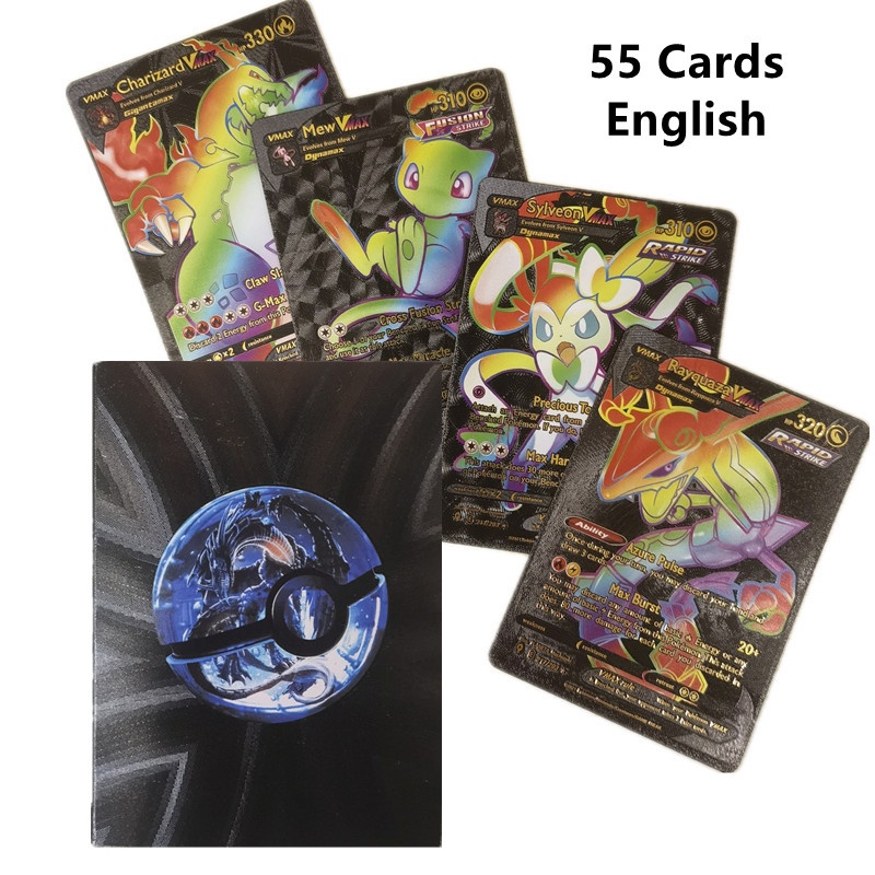 55pcs/box Kartu Rainbow Pokemon Gold Vmax GX EX Silver Hitam Flash Card English Battle Trainer Booster Game Cards