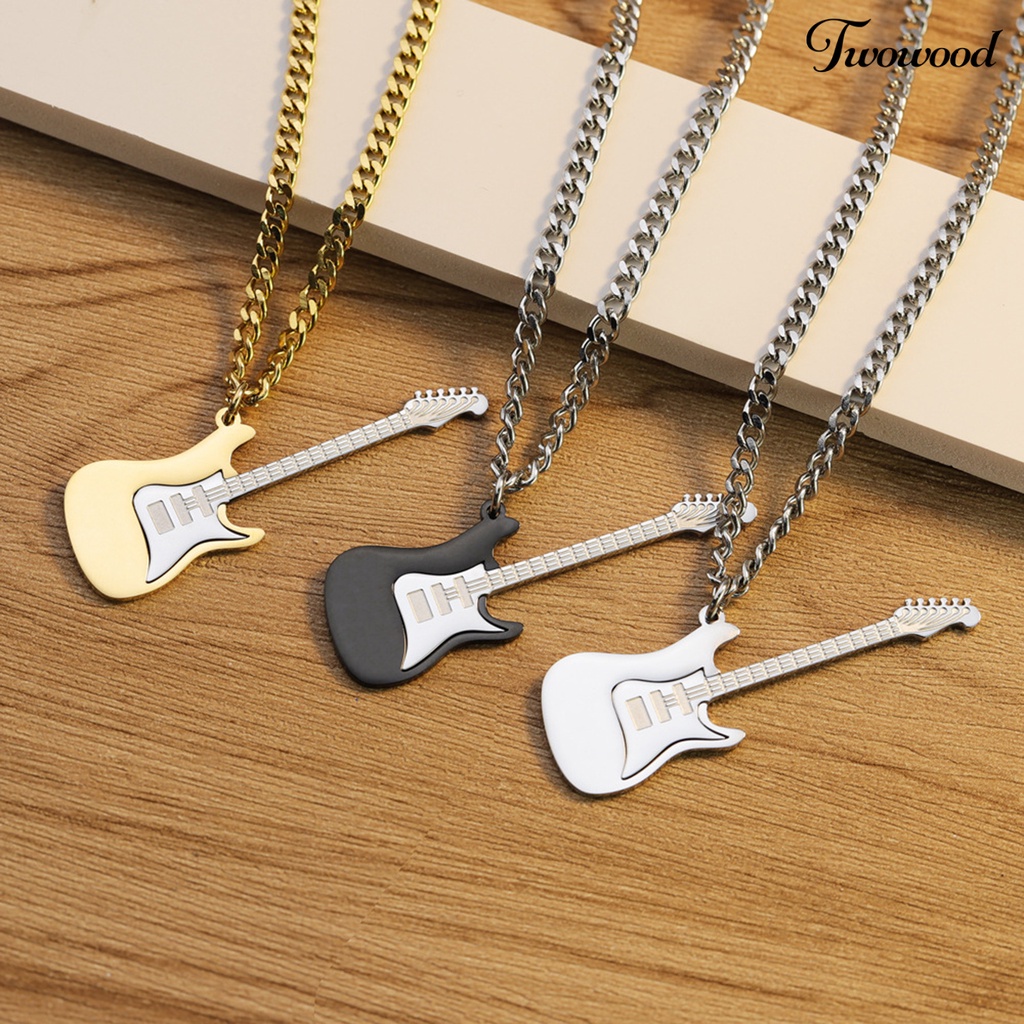 Twowood Pria Kalung Punk Keren Hip Hop Kepribadian Stainless Steel Bass Gitar Liontin Klavikula Kalung Fashion Perhiasan