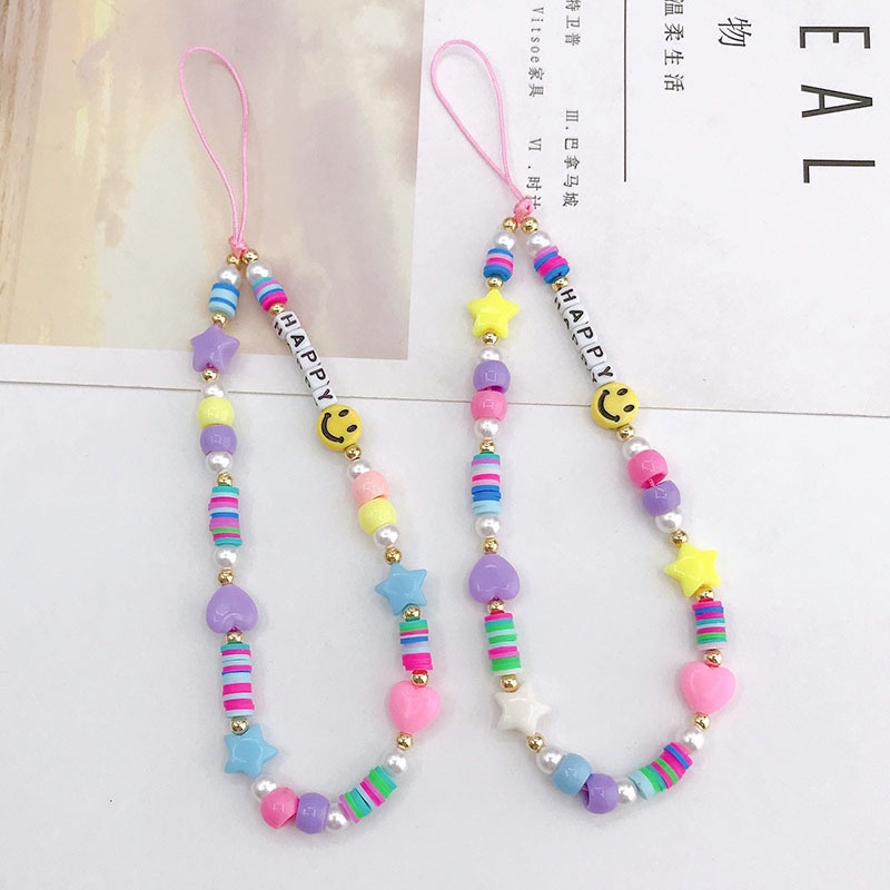 Wanita Colorful HAPPY Beads Rantai Tali Anti Hilang Untuk iPhone Android OPPO VIVO Huawei Xiaomi Redmi Samsung Semua Ponsel Earphone Cases