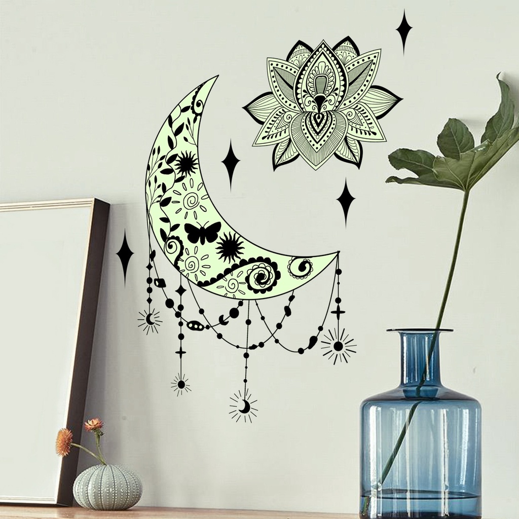 Glow Moon Lotus Stiker Dinding Glow Ruang Tamu Perekat Diri Dekoratif Dinding Decals