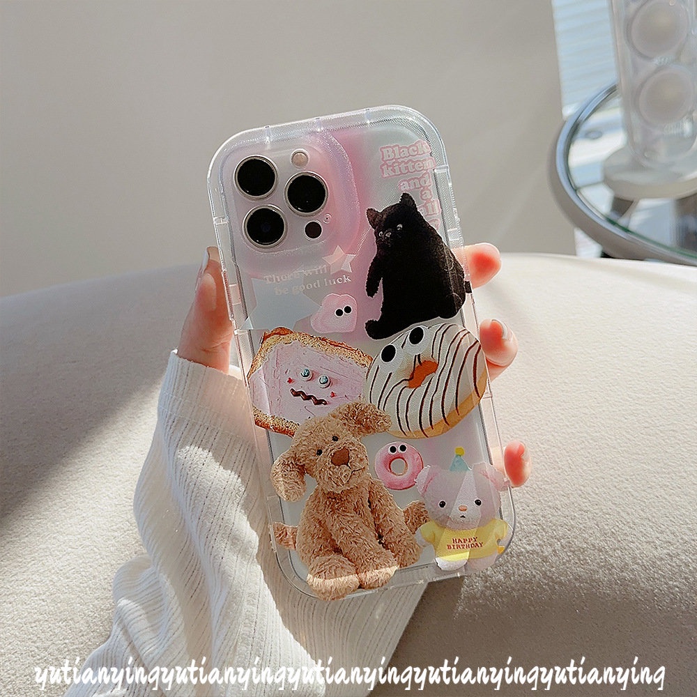IPHONE  Ins Hewan Lucu Stiker Ponsel Case Kompatibel Untuk Iphone6 6S 7 8 Plus XR 11 13 14 12 Pro Max X XS MAXCartoon Boneka Beruang Anjing Kucing Transparan Airbag Shockproof Lembut TPU Penutup Belakang