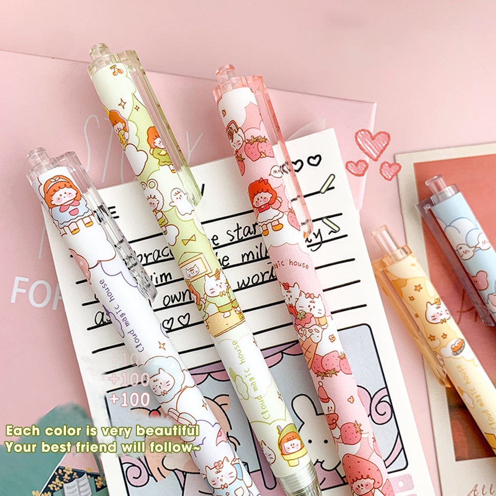 Gaya Acak 0.5mm Hitam Gel Pen Tulis Lancar Tanda Tangan Pulpen Pola Kartun Lucu Gel Pena Sederhana Menekan Air Pena Siswa Menulis Alat Tulis