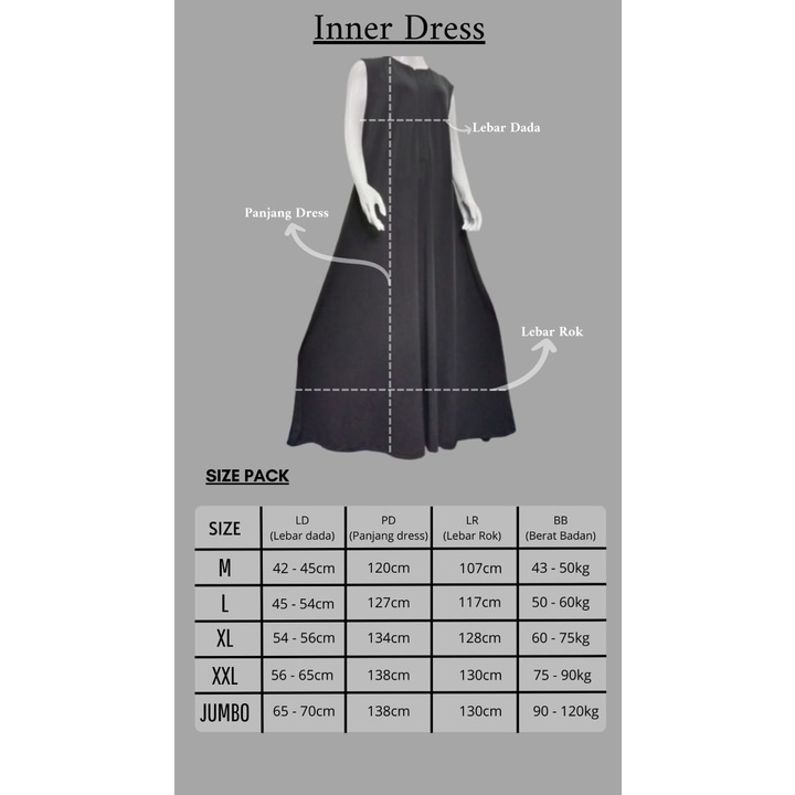 Inner Dress Sleeveless Tanpa Lengan Manset Gamis Kutung Busui Yukensi Bahan Jersey Premium Size M L Xl Xxl Jumbo