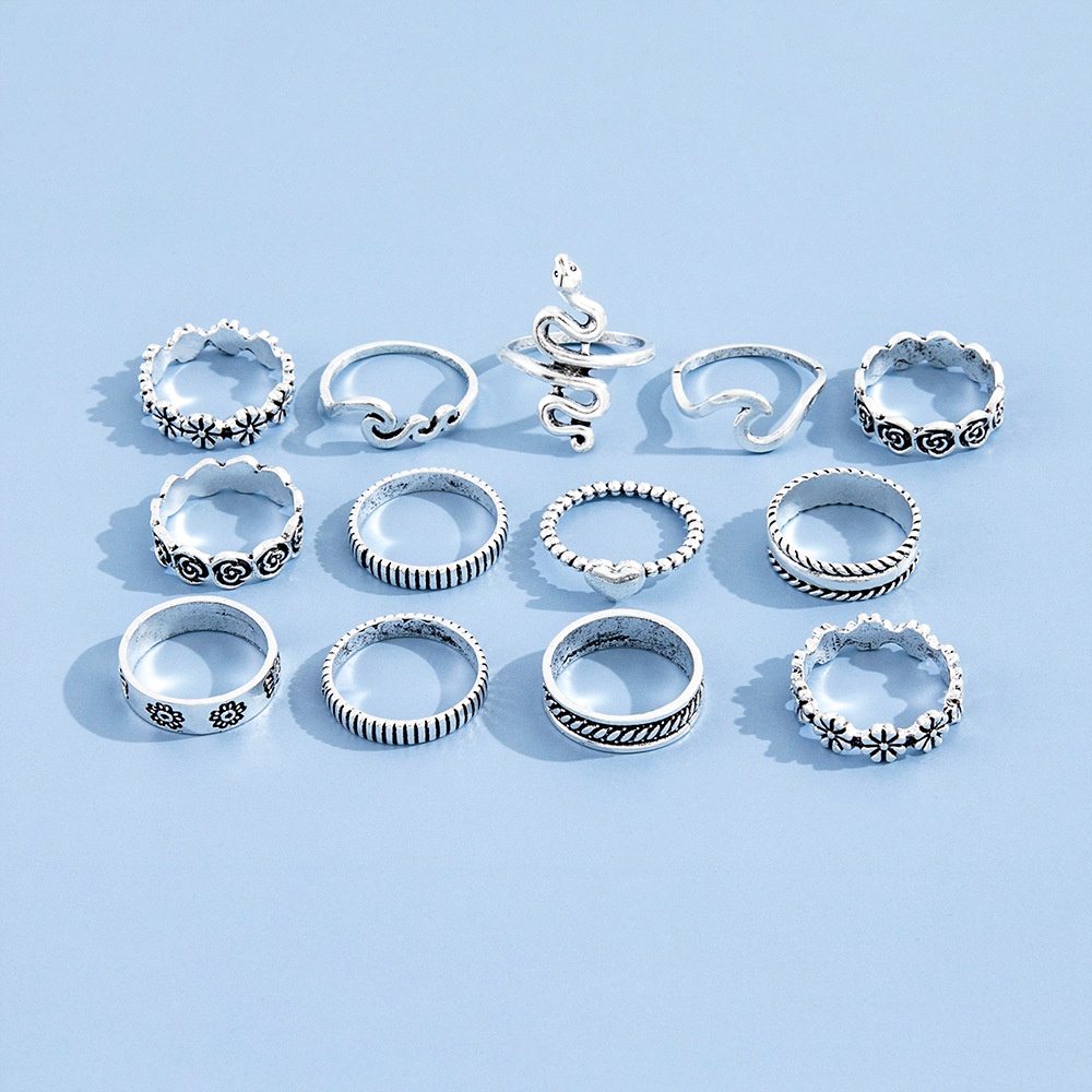 Kepribadian Retro Berlebihan Cincin Geometris Cinta Bunga Ular 13-piece Set