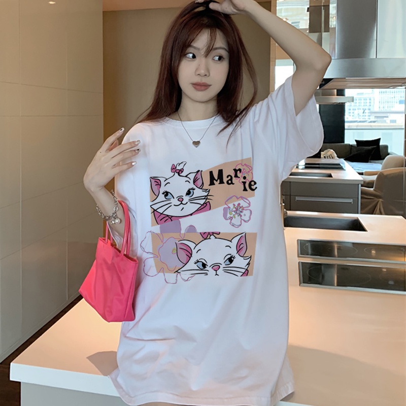 Print T-shirt Kaos Lengan Pendek Cartoon Pink Cat Atasan Wanita Oversize Korean Style