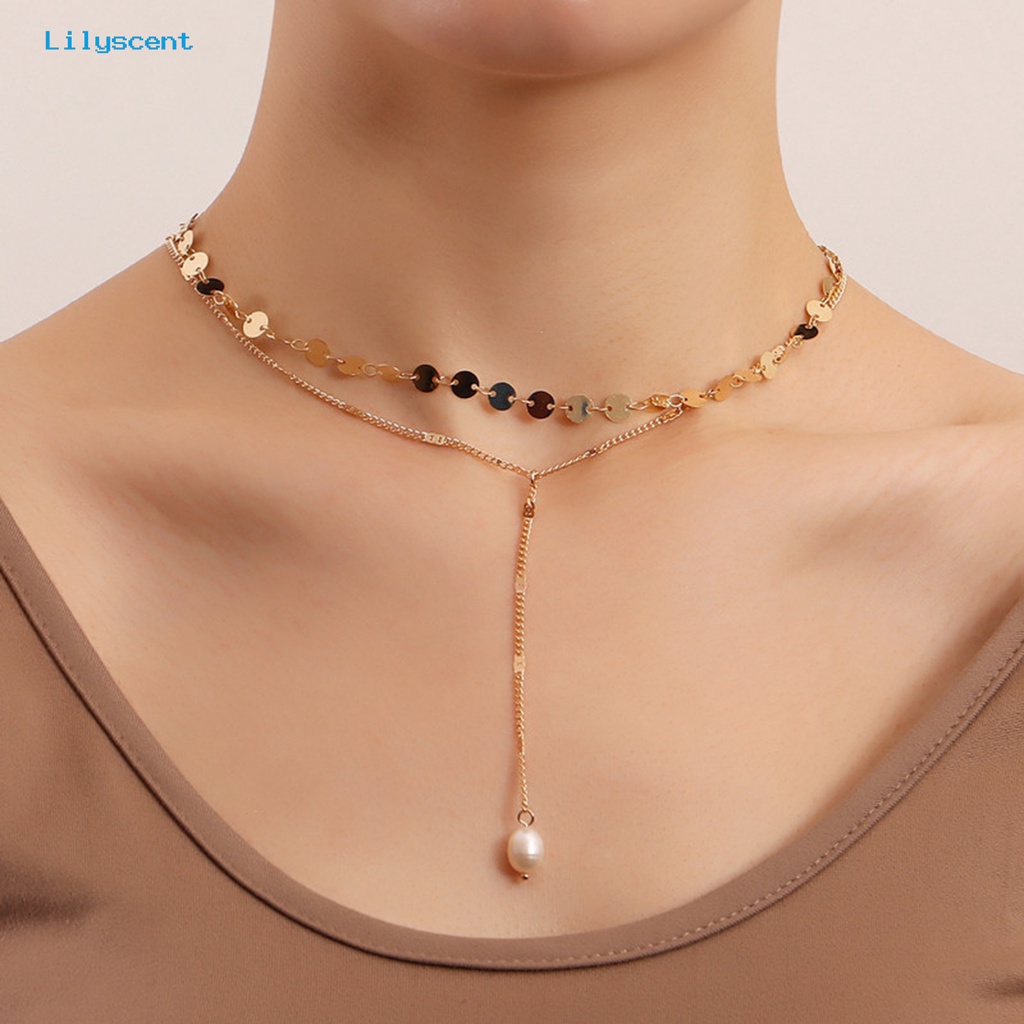 [LS] 2 Pcs Liontin Kalung Double Layer Geometris Sequin Fashion Mutiara Imitasi Panjang Rumbai Kalung Perhiasan Aksesori