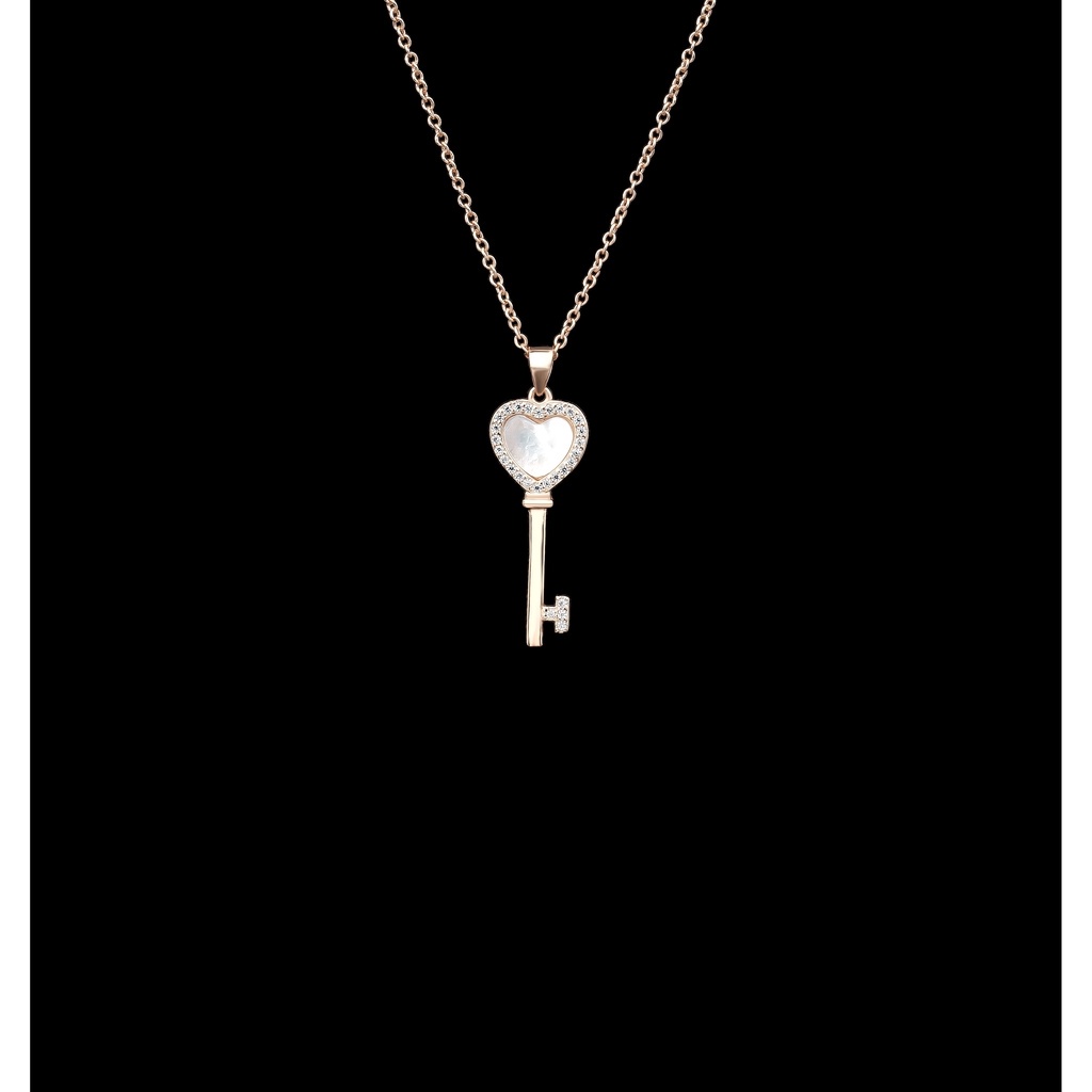 Kalung Dengan Liontin Kunci Hati | Kalung Rantai Klavikula Aksen Kristal Berlian | Aksesoris Warna Rose Gold 18k Untuk Wanita