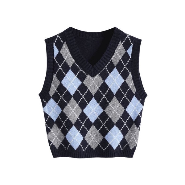 Vest Rajut Rompi Rajut Kotak Kotak/argyle Korea Gaya Retro Vest Knit Baju Crop