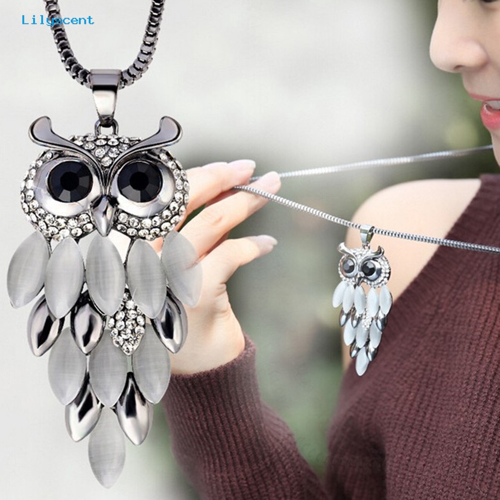 [LS] Wanita Kalung Indah Berlian Imitasi Burung Hantu Liontin Vintage Leher Rantai Sweater Panjang Kalung Aksesoris Fashion Perhiasan