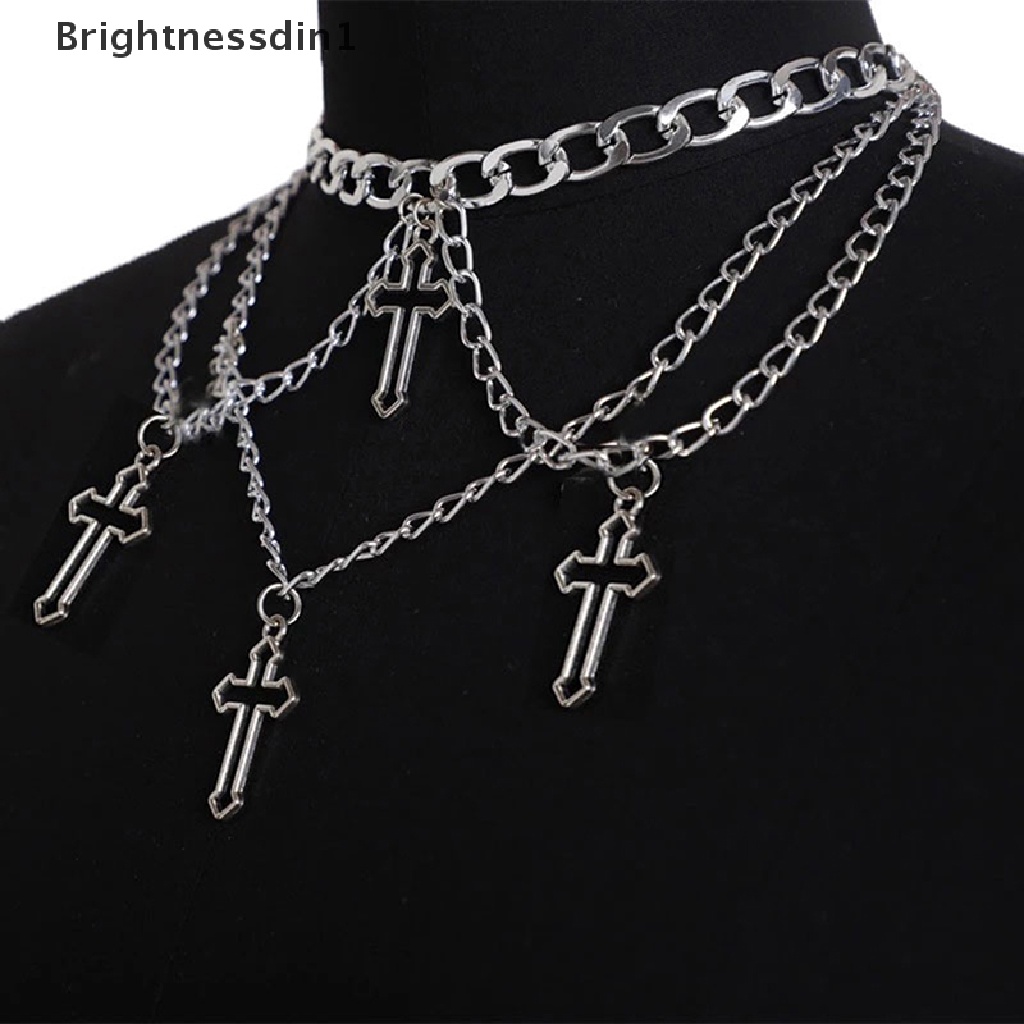 [Brightnessdin1] Goth Berongga Salib Choker Kalung Untuk Wanita Gothic Berlapis Chunky Liontin Kalung Panjang Multilayer Chains Necklace Butik