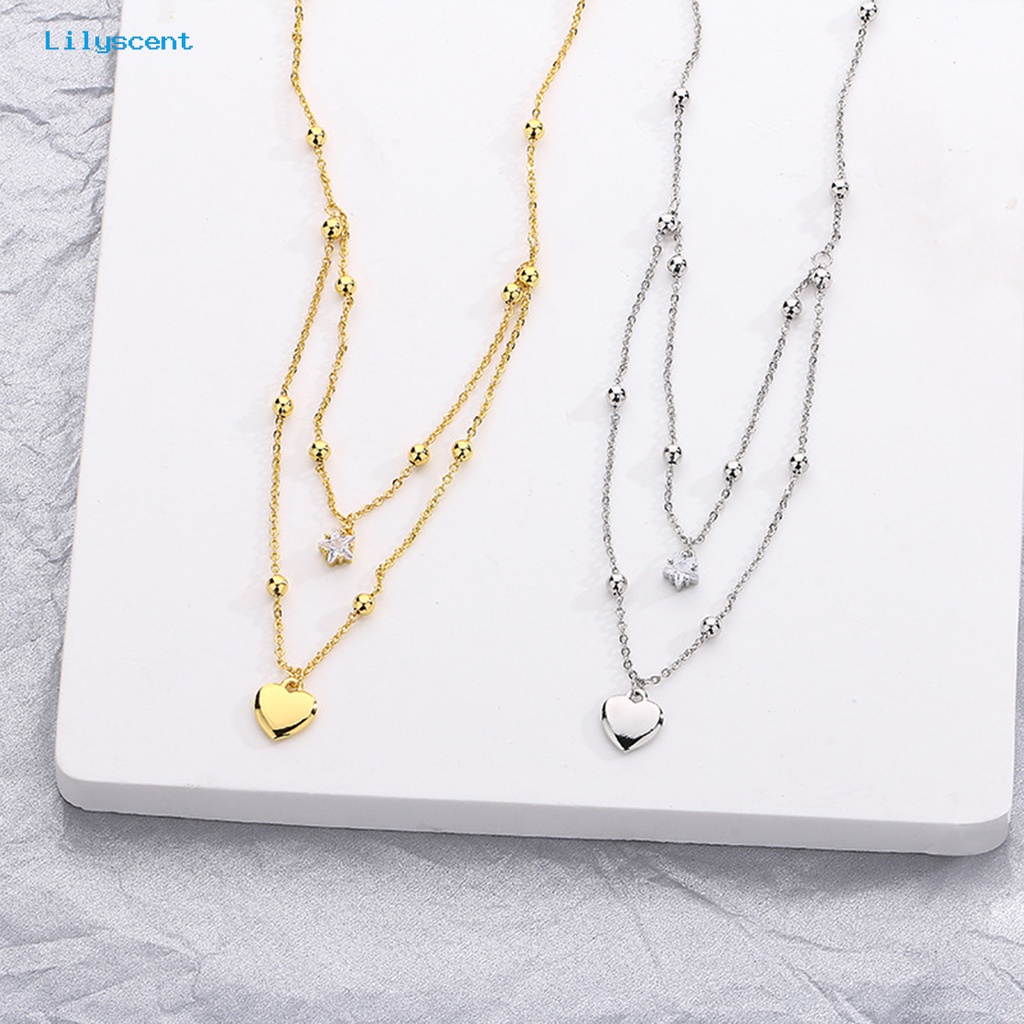 [LS] Kalung Wanita Gaya Korea Dan Jepang Fashion Aksesoris Hadiah Anniversary Manis Double-Layered Star Love Heart Rhinestone Necklace Untuk Pacaran