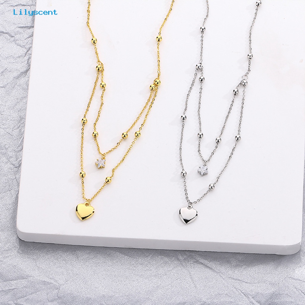 [LS] Kalung Wanita Gaya Korea Dan Jepang Fashion Aksesoris Hadiah Anniversary Manis Double-Layered Star Love Heart Rhinestone Necklace Untuk Pacaran