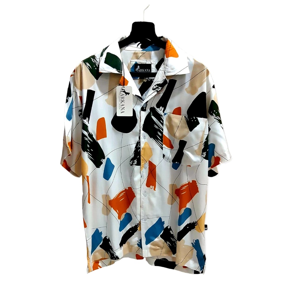 ARKANA - Kemeja Hawaii Pria Printing Bahan Katun Rayon Premium | Kemeja Pantai Pria - Putih