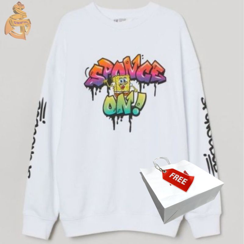 Crewneck H&amp;M Hnm Spongebob White Sweater Wanita Pria Cewek Free Paper Bag