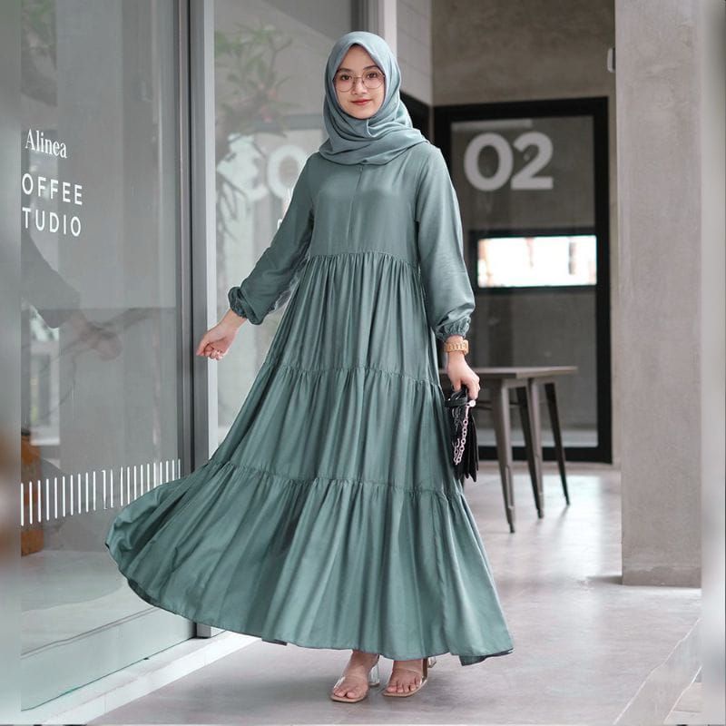 gamis susun 3 bahan katun rayon premium rempel polos