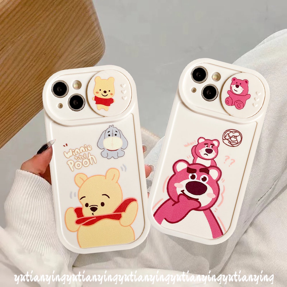 IPHONE Couple Case Kompatibel Untuk Iphone11 13 12 Pro MAX 7plus 7 8 Plus XR X XS MAX Kartun Manyo Strawberry Bear Winnie the Pooh Lembut TPU Silicon Pull Push Window Penutup Pelindung Kamera