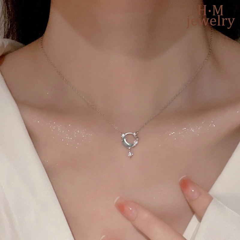 Kalung Galaxy Biru Untuk Gadis Temperamen Masukan Lux Niche Rasa Tinggi Liontin Bintang Dan Bulan