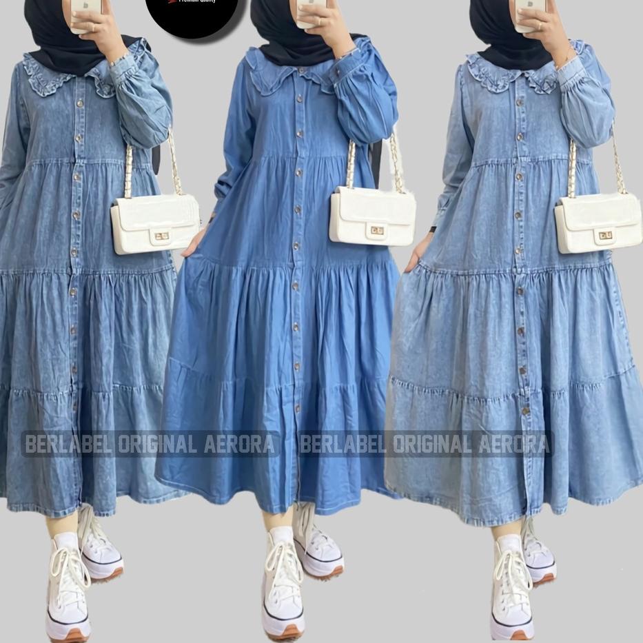 ( COD ) Syakira Midi Dress Dres Jeans Jumbo Korea Muslim Korean Style Wanita 2022 Wedding Kondangan 