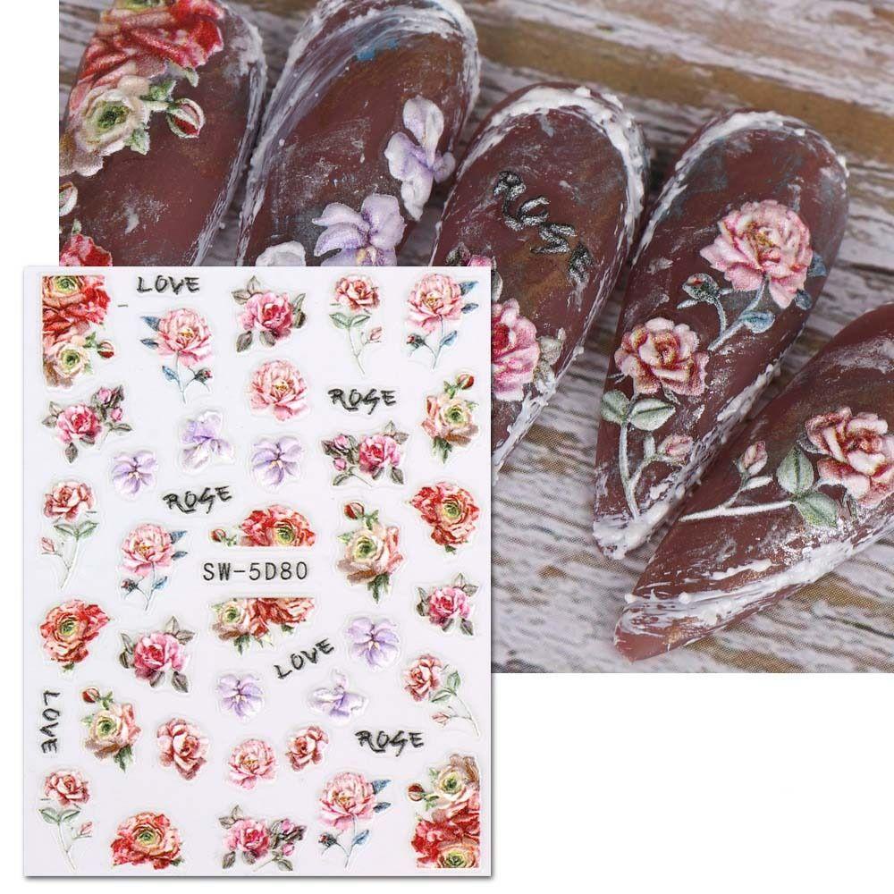 AUGUSTINA Agustina Bunga Stiker Kuku 5D Relief Retro Burung Jam Perekat Diri Hari Valentine Nail Art Nail Art Dekorasi
