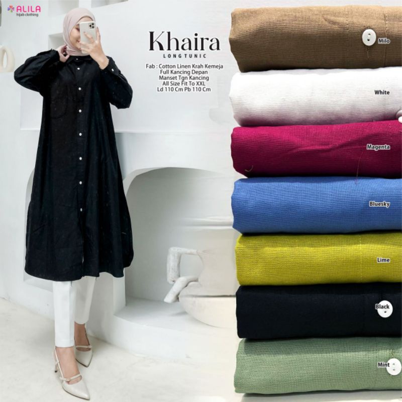 KHAIRI LONG TUNIC ORI ALILA | Cotton Linen Krah Kemeja Full Kancing Depan