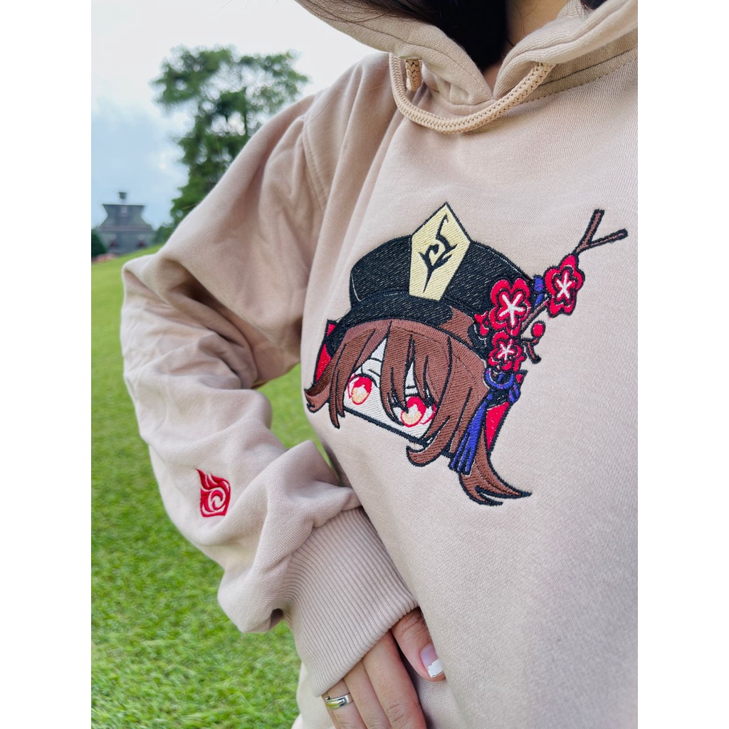 Hoodie Hu Tao Eyes Embroidery Cream Anime Gaming Genshin Impact Premium Unisex