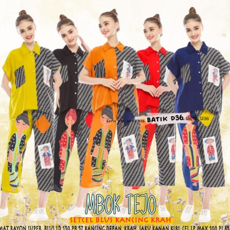 Semerbak Setelan Celana Blus Rayon Halus Kancing Krah Saku Mbok Tejo Jumbo Kombinasi Batik Karakter 