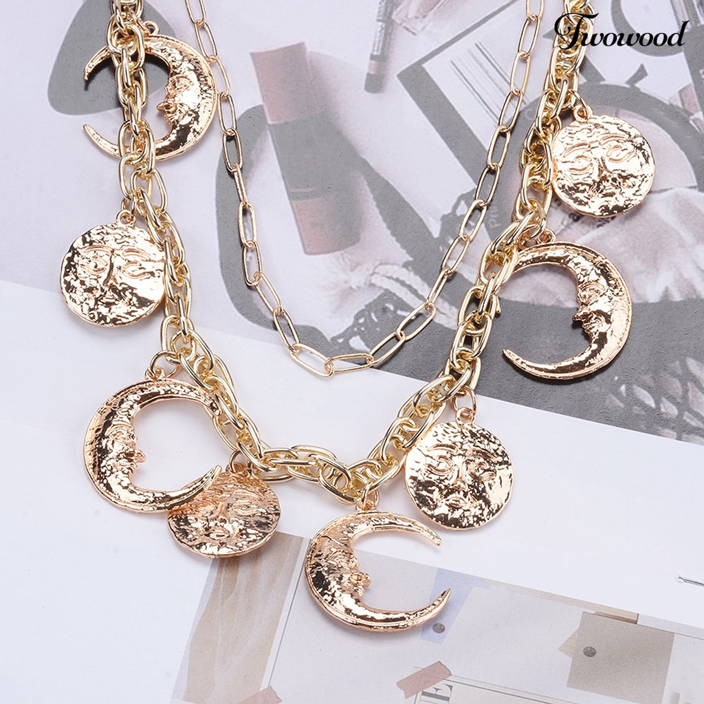 Twowood Charm Kalung Electroplating Shiny Adjustable Vintage Dress Up Alloy Baroque Alloy Moon Sun Pendant Necklace Wanita Perhiasan