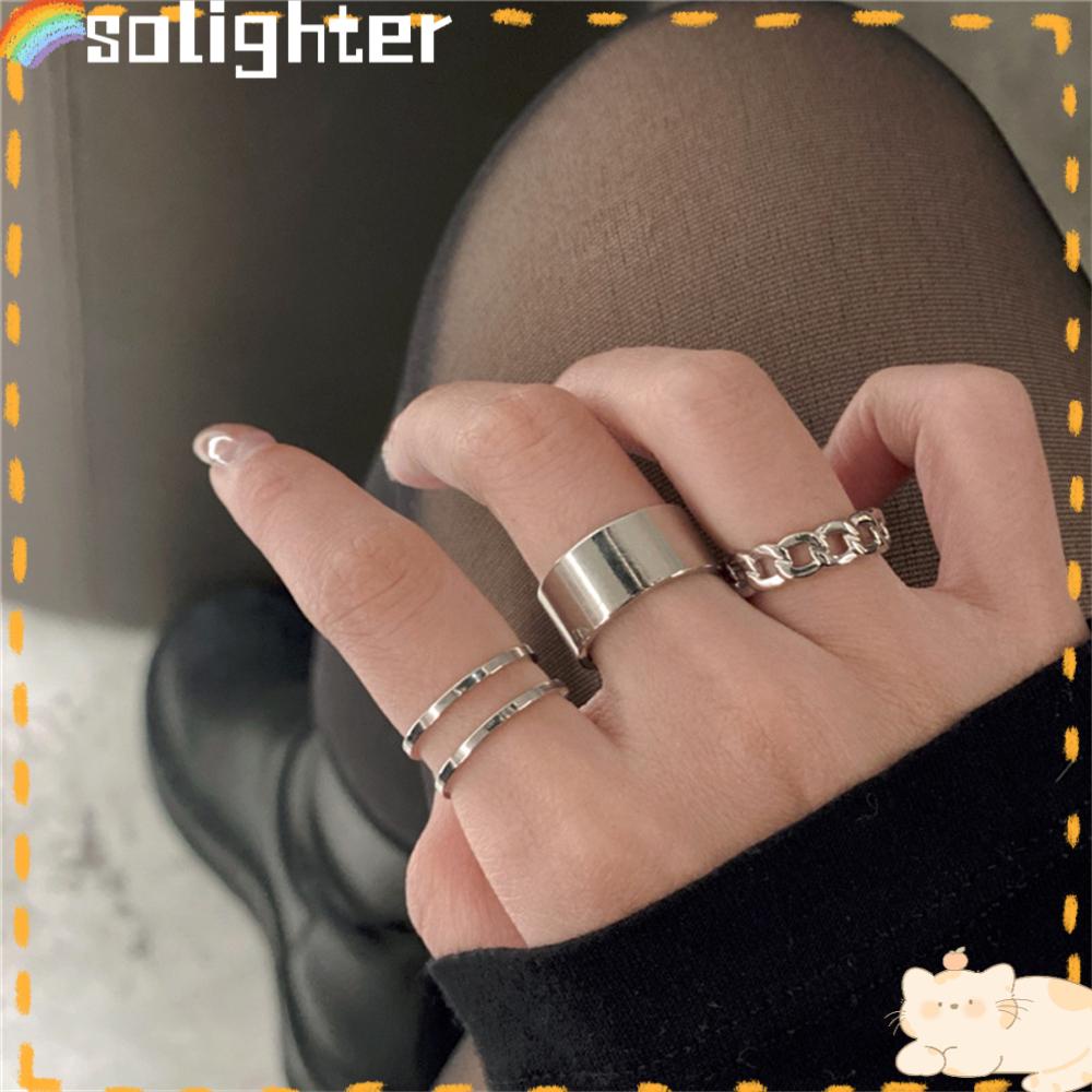 Solighter 3 Pcs Cincin Set Punk Rock 3 Pcs/Set Melingkar Geometri Pembukaan Jari Aksesoris Punk