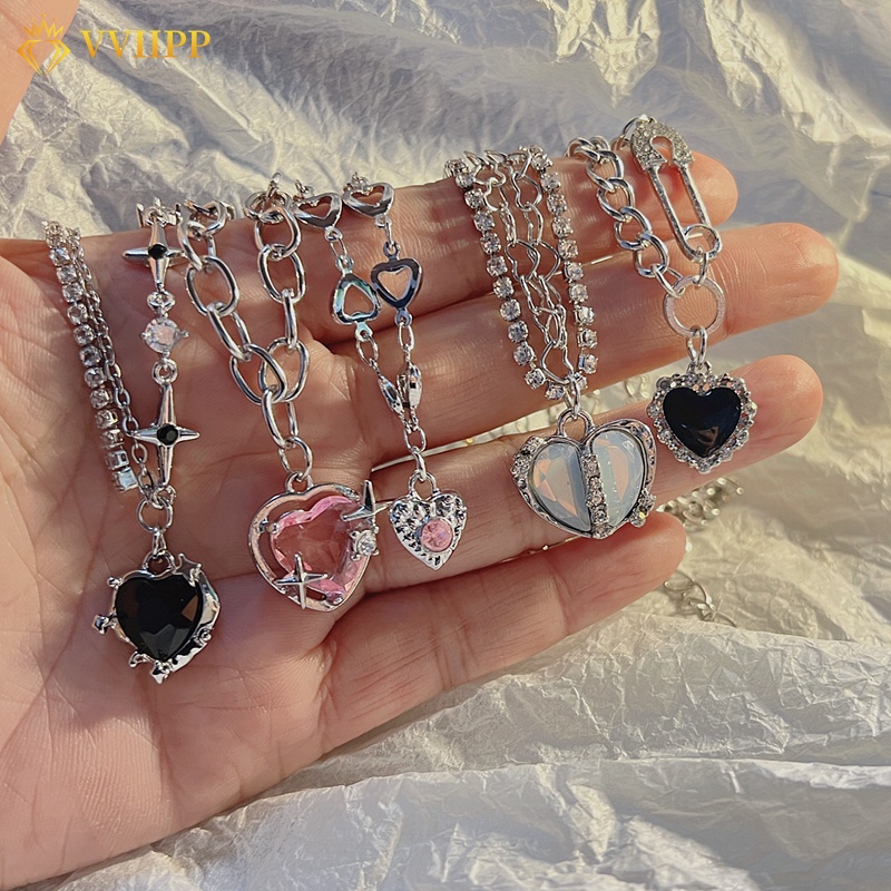 Y2k Aksesoris Fashion Hati Liontin Kalung Merah Muda Kristal Gadis Manis Keren Klavikula Rantai Moonstone Kalung Perhiasan Aesthetic