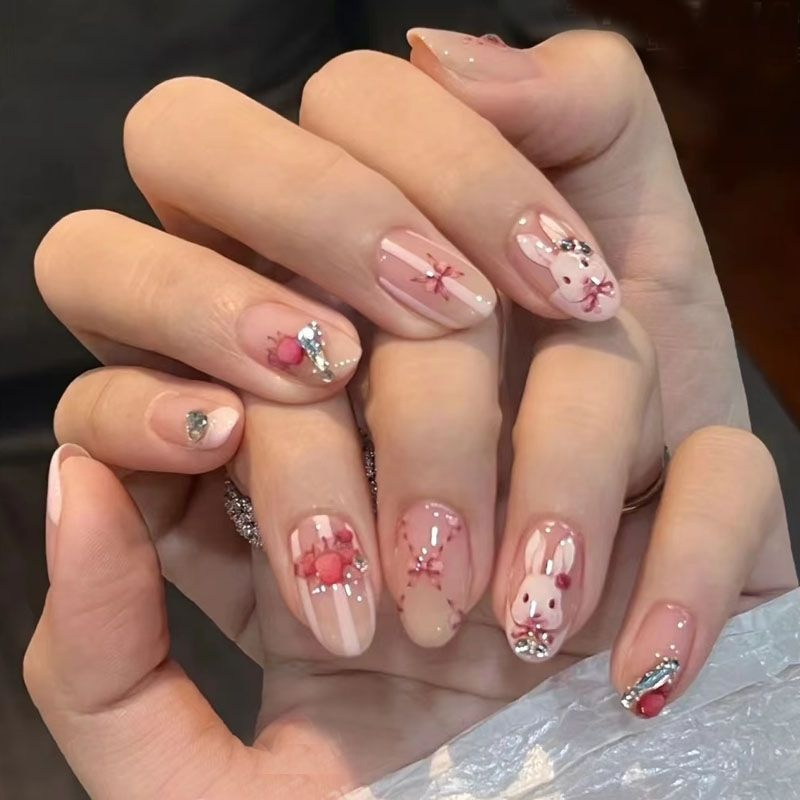 Kartun Lucu Pink Kelinci Pola Hewan Kuku Stiker 3D Kelinci Kuku Perekat Tape Manis Strawberry Pita Kuku Decal Manicure Art Dekorasi Alat Makeup Kuku