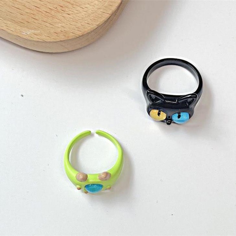 Cincin Bayi Mata Kucing Bermata Besar Bahan Alloy Korea Warna Hitam Untuk Wanita