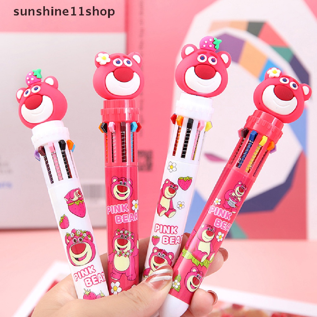 Sho Strawberry Bear 10warna Pulpen Bolpoin Multi Warna Kawaii Kartun Press-type Color Pen Alat Tulis Sekolah Multi-Fungsi Supply Hadiah Alat Tulis N