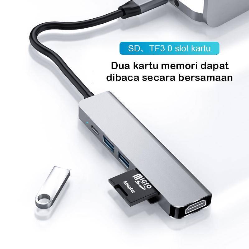 Pembaca Kartu Komputer USB C Type C HUB 6 In 1 Adpater Macbook Pro To USB 3.0 HDMI 4K 1080P Type-C PD Charging with SD TF Card Stasiun Dok Tipe-c Notebook HD Macbook