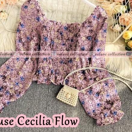 ♝ KALANTHA FASHION Blouse Serut Karet Sabrina Lengan Panjang Motif Bunga Bahan Sifon Casual ✺