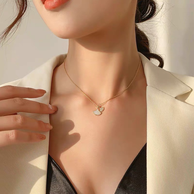 Kalung Berlian Bentuk Kipas Warna Putih | Kalung Bentuk Daun Ginkgo | Emas 18k | Sendok Garpu Bahan Stainless Steel | Aksesoris Rambut Untuk Wanita