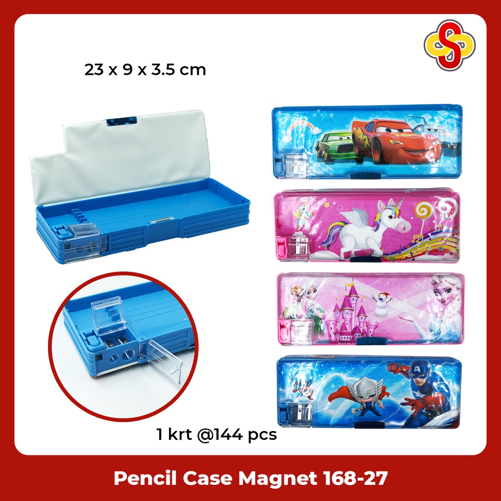 Kotak Pensil Magnet / Tepak / Pencil Case + Rautan Karakter Cowok Cewek Fancy 168-27