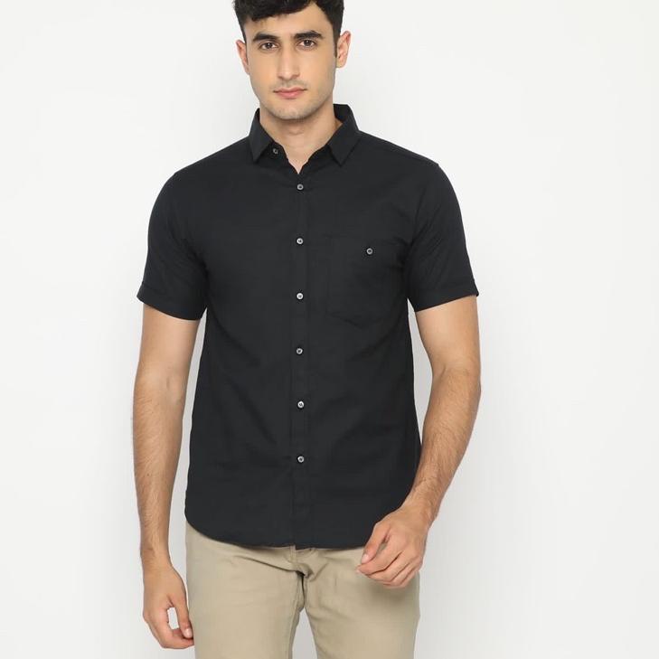 ✫ Code Male - Brave Kemeja Pria Basic Lengan Pendek Dark Hitam Slimfit ☆