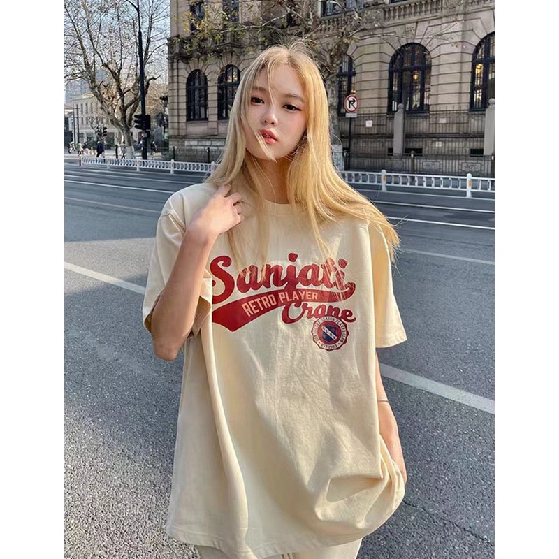 baju kaos wanita lengan pendek letter graphic print T-shirt oversize kekinian motif kaos cream import