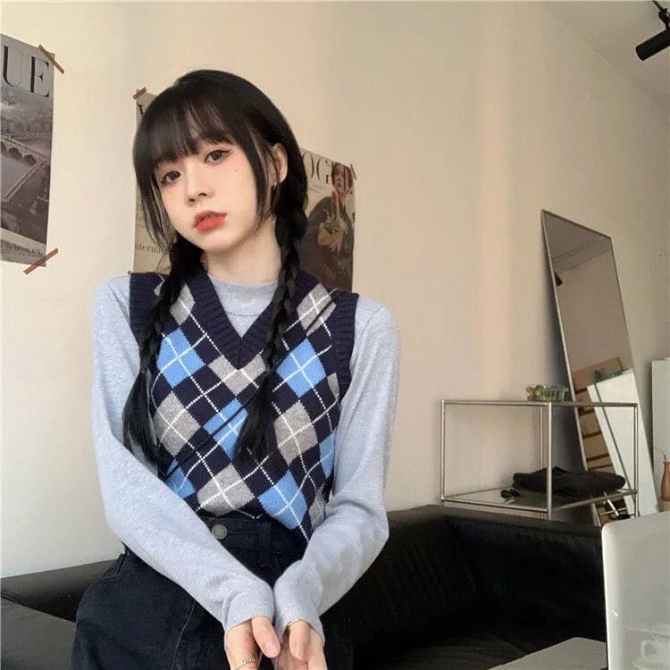 Vest Rajut Rompi Rajut Kotak Kotak/argyle Korea Gaya Retro Vest Knit Baju Crop