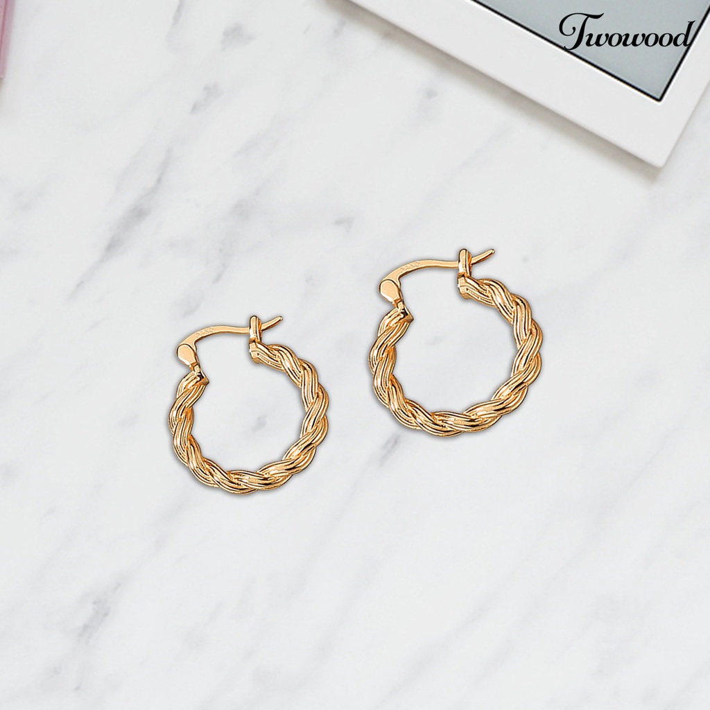 Twowood 1pasang Ear Buckle Design Piercing Hoop Earrings Wanita Retro Braided Twist Round Earrings Aksesoris Perhiasan